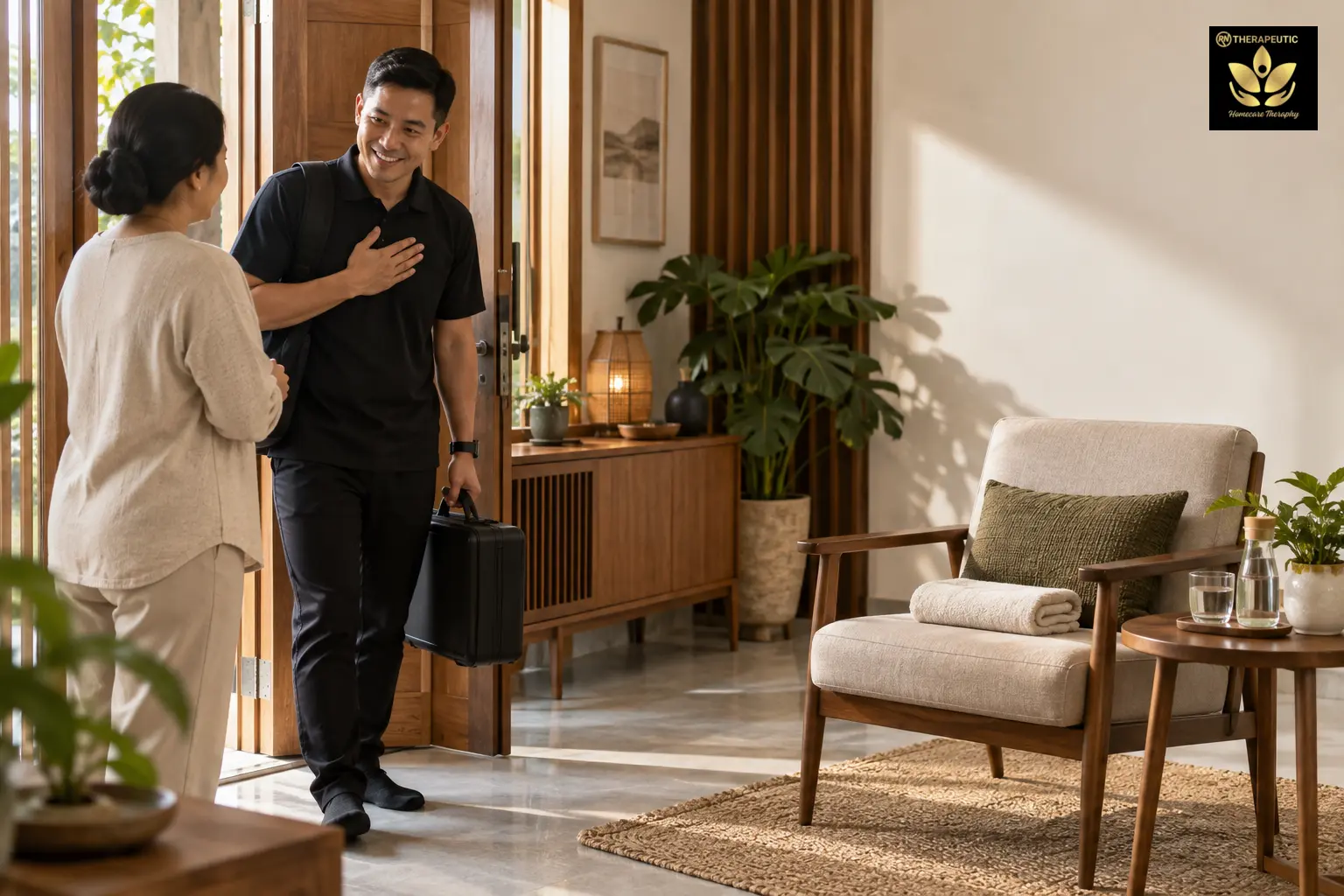 Terapis tiba untuk kunjungan home visit di rumah pelanggan